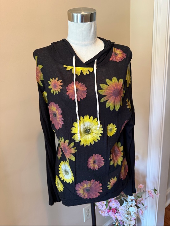 Ginger G Tops - Ginger G Black Hoodie with Yellow & Orange Floral Print